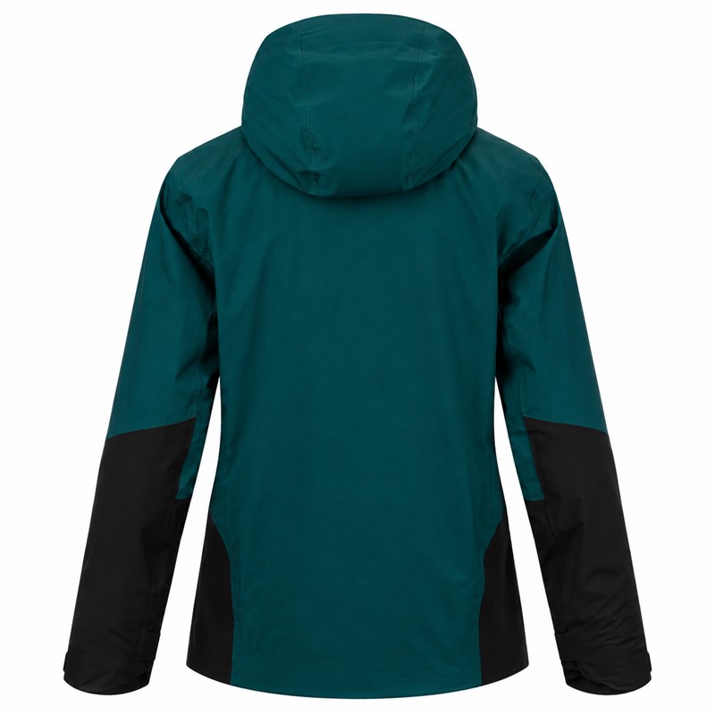 Men's ski jacket ELAN AREH PETROL in a contemporary petrol color. Two-layer construction with polyurethane membrane provides a water column of 20,000 mm and breathability of 20,000 g/m²/24 h. The jacket contains recycled synthetic insulation of 80 g/m² on the torso and 60 g/m² on the sleeves and hood. It is equipped with taped seams, waterproof zippers, underarm ventilation, a two-way adjustable hood for a ski helmet, a pocket for a ski pass, and internal snow protection.
