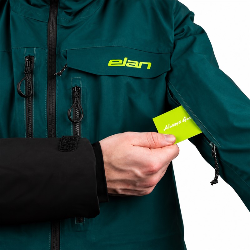 Men's ski jacket ELAN AREH PETROL in modern petrol color. Two-layer construction with polyurethane membrane provides a water column of 20,000 mm and breathability of 20,000 g/m²/24 h. The jacket contains recycled synthetic insulation of 80 g/m² on the torso and 60 g/m² on the sleeves and hood. It is equipped with taped seams, waterproof zippers, underarm ventilation, a two-way adjustable hood for ski helmet, a pocket for ski pass, and internal snow protection.