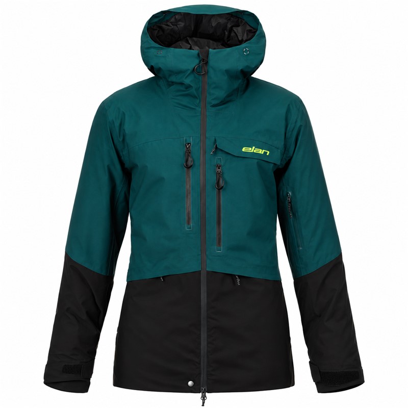 Men's ski jacket ELAN AREH PETROL in a contemporary petrol color. Two-layer construction with polyurethane membrane provides a water column of 20,000 mm and breathability of 20,000 g/m²/24 h. The jacket contains recycled synthetic insulation of 80 g/m² on the torso and 60 g/m² on the sleeves and hood. It is equipped with taped seams, waterproof zippers, underarm ventilation, a two-way adjustable hood for a ski helmet, a pocket for a ski pass, and internal snow protection.