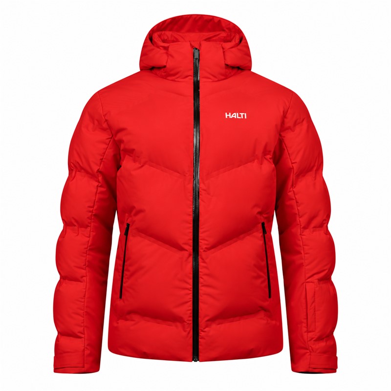 Men's HALTI Nordic Arcty II Red ski jacket in an attractive red color E65 Halti Red. Advanced seamless bonded insulation construction Microtherm Arcty, Microtherm Thermofill insulation made from 100% recycled polyester, and water-repellent X-Welded material provide effective protection against cold and moisture. The jacket has a water column of 15,000 mm, breathability 15,000 g/m²/24 h, detachable hood, vent openings, water-repellent zippers, and internal snow protection.