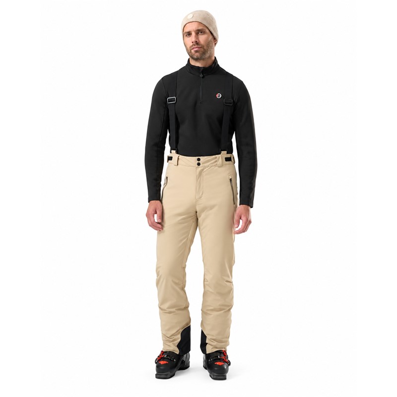 Moške smučarske hlače DUVILLARD ARTHUR ALMOND z vodoodporno in zračno membrano 20K/20K, izolacijo PrimaLoft® Black Eco iz recikliranega poliestra, raztegljivim materialom 4-Way Stretch, prezračevalnimi zadrgami, nastavljivim pasom, odstranljivimi naramnicami in ojačanimi spodnjimi deli hlačnic. Elegantna barva ALMOND in oprijet kroj zagotavljata sodoben smučarski videz.