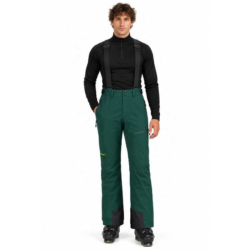 Moške smučarske hlače ELAN DEMO 3L MEN PANTS VIKA z vodnim stolpcem 20.000 mm in zračnostjo 30.000 g/m²/24 h. Trislojna hardshell konstrukcija, poliestrski material Ripstop, dolge prezračevalne zadrge na zadnji strani hlačnic, nastavljiv pas, snemljive naramnice, trije žepi in notranje snežne gamaše zagotavljajo visoko funkcionalnost med aktivnim smučanjem.