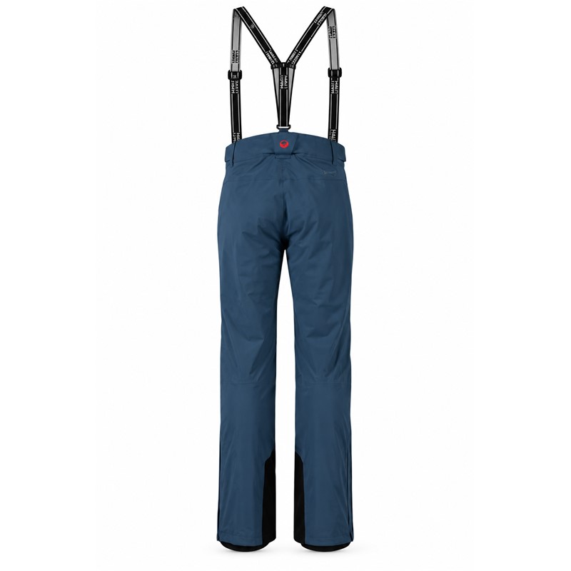 Men's ski pants HALTI Lasku BIG DIPPER BLUE with a water column 15,500 mm and breathability 17,000 g/m²/24 h. DrymaxX Ultimate membrane, Microtherm Dynamic 40 g insulation, 4-way stretch material, removable suspenders, adjustable waistband, reinforced leg endings and interior ski gaiters provide protection, warmth and comfort while skiing.