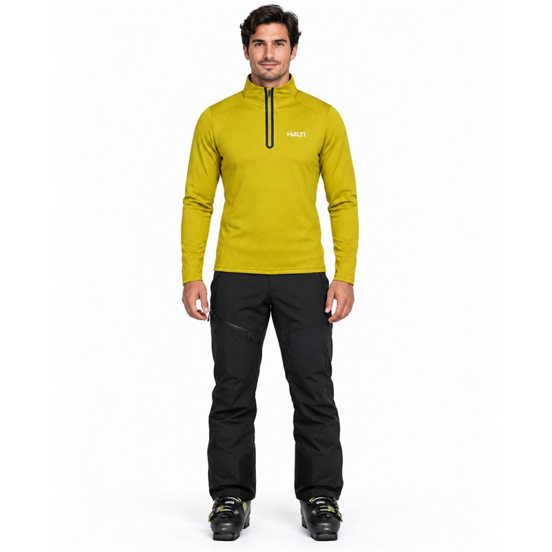 Men's technical ski pullover HALTI JAAKO AVOCADO OIL GREEN in an elegant olive green color. Light Active Dry Sport Knit material 94% recycled polyester and 6% elastane, mesh-structured interior and high collar ensure effective moisture wicking, breathability and freedom of movement for skiing, hiking and other activities.