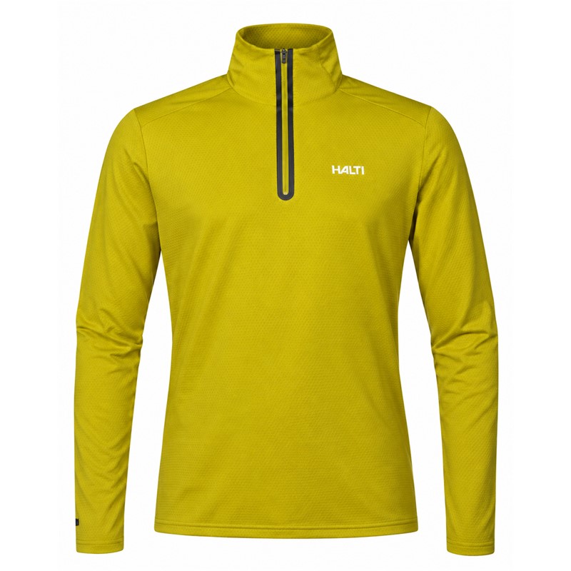 Men's technical ski pullover HALTI JAAKO AVOCADO OIL GREEN in an elegant olive green color. Light Active Dry Sport Knit material 94% recycled polyester and 6% elastane, mesh-structured interior and high collar ensure effective moisture wicking, breathability and freedom of movement for skiing, hiking and other activities.