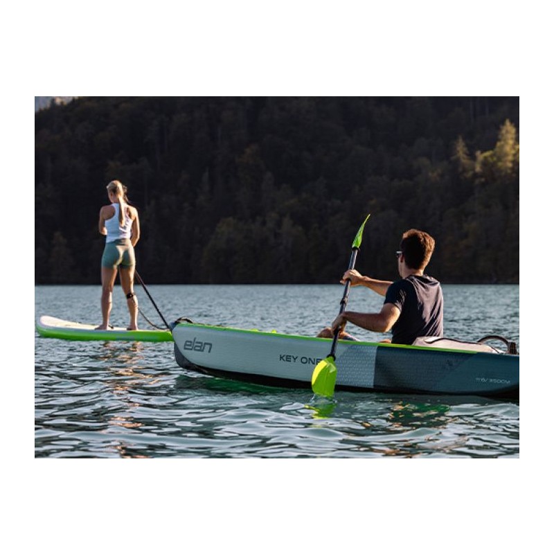 The inflatable kayak ELAN KEY ONE - Designed with drop-stitch technology for robustness, stability, and high pressure. The excellent length-to-width ratio, sharp bow, and flat bottom provide a top-notch floating experience on the water.