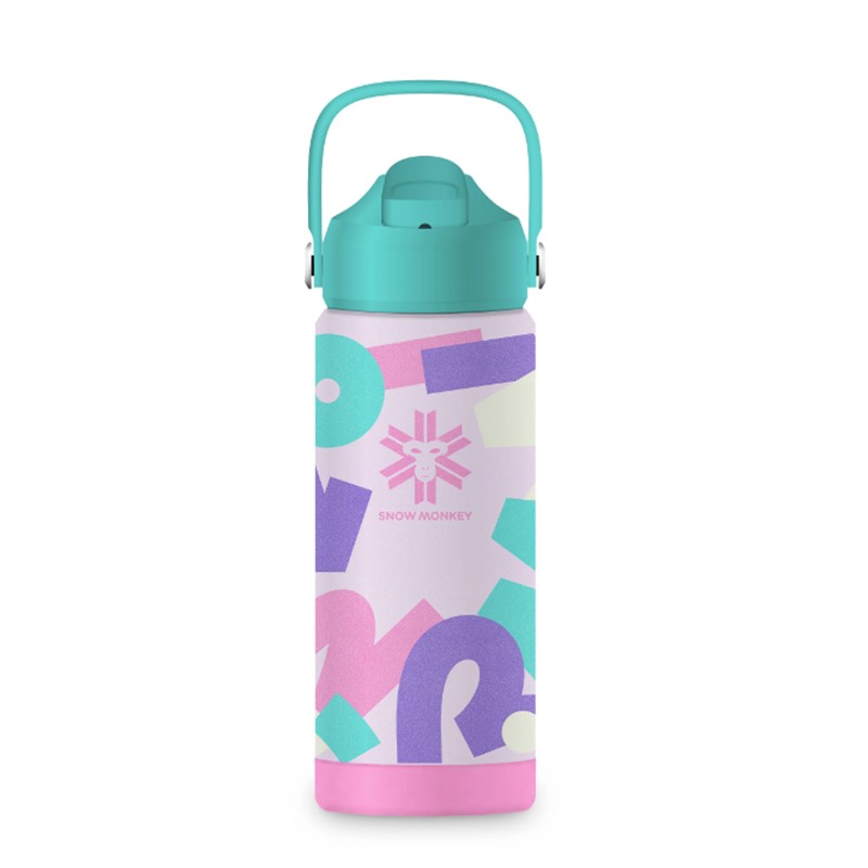 Otroška termo steklenica SnowMonkey KIDS Bubble Pop s prostornino 530 ml, neprepustnim pokrovom, dvema slamicama in nalepkami.