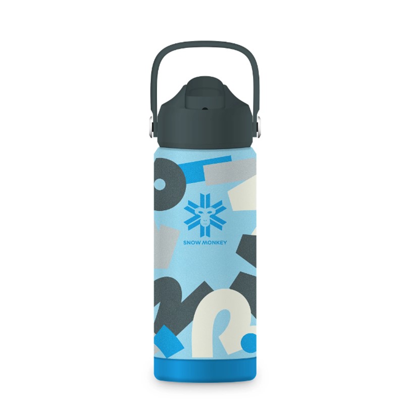 Otroška termo steklenica SnowMonkey KIDS Freeze Frame s prostornino 530 ml, neprepustnim pokrovom, dvema slamicama in nalepkami.
