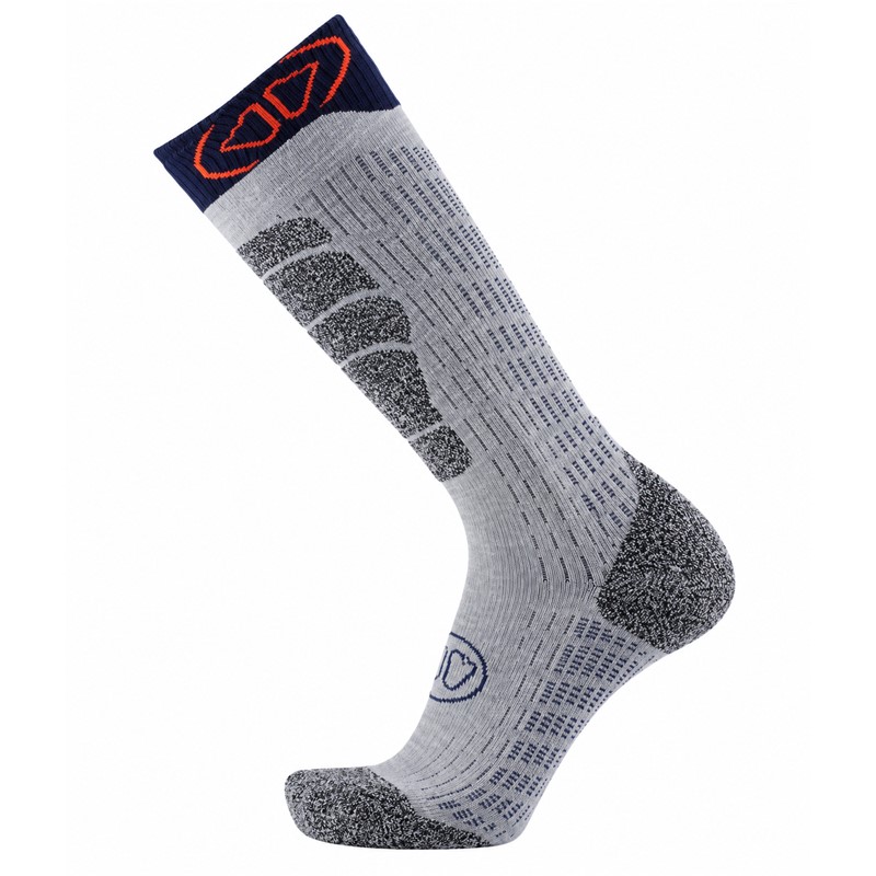 Tople unisex smučarske nogavice SIDAS Merino White Blue s 44 % merino volne, anatomsko konstrukcijo ter zaščito goleni, pete in prstov.