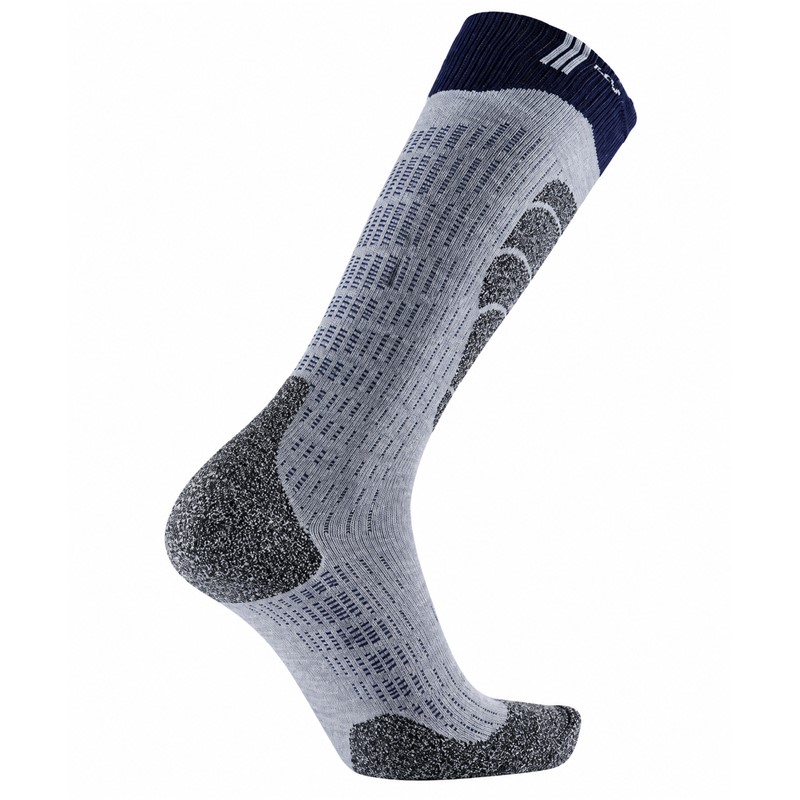 Tople unisex smučarske nogavice SIDAS Merino White Blue s 44 % merino volne, anatomsko konstrukcijo ter zaščito goleni, pete in prstov.