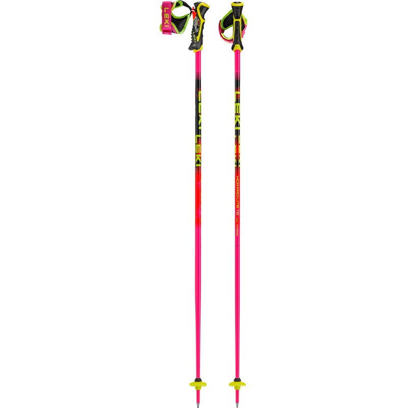 Slalomske smučarske palice LEKI WCR Pro Lite SL TR iz aluminija HTS 6.5 z ročajem Trigger 3D SL in neonsko tekmovalno grafiko.