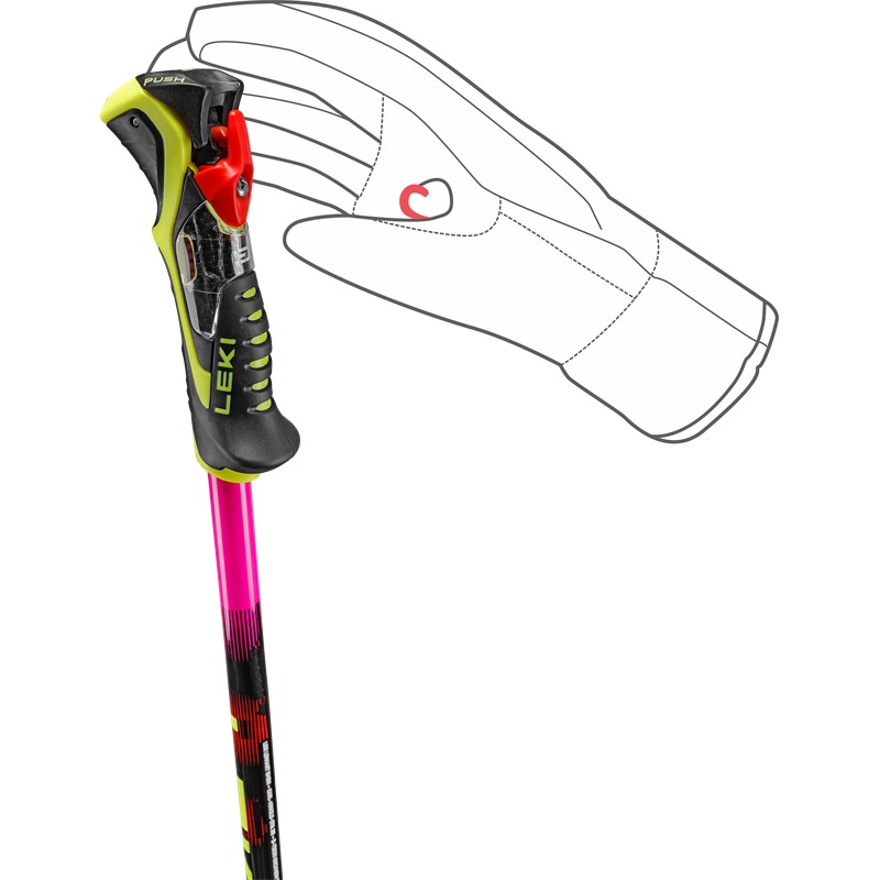 Slalomske smučarske palice LEKI WCR Pro Lite SL TR iz aluminija HTS 6.5 z ročajem Trigger 3D SL in neonsko tekmovalno grafiko.