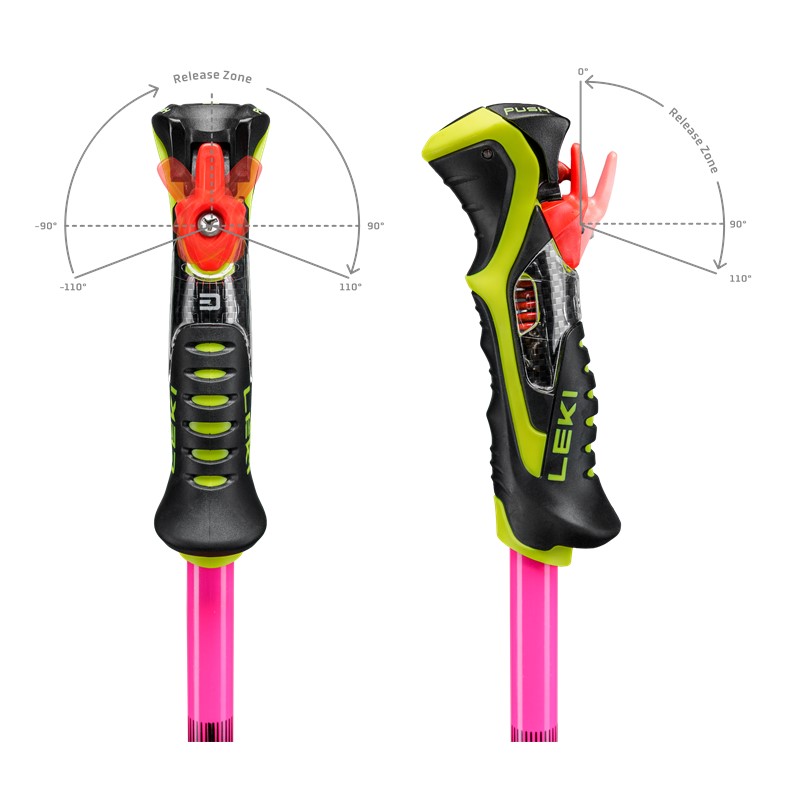 Slalomske smučarske palice LEKI WCR Pro Lite SL TR iz aluminija HTS 6.5 z ročajem Trigger 3D SL in neonsko tekmovalno grafiko.