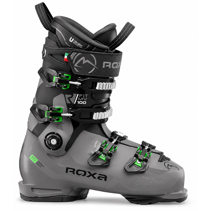 ROXA R/FIT MV 100 GW so športni moški smučarski čevlji s trdoto Flex 100, prilagodljivo školjko BioFit CM, termooblikovalnim notranjim čevljem 4D BioFit, izolacijo WinTherm®, sistemom Easy Entry in podplatom GripWalk.

