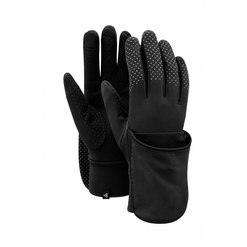 Originalne tehnične tekaške rokavice CRAFT Lumen Fleece Hybrid Glove 2 Black v črni barvi. Napredna hibridna konstrukcija 2 v 1 omogoča uporabo klasičnih tekaških rokavic ali dodatne preklopne zaščite prstov. Mehka funkcionalna jersey tkanina iz 88 % recikliranega poliestra in 12 % elastana zagotavlja udobno prileganje. Odsevni potiski na prstih in preklopnem delu, praktičen predalček za ključ ter možnost uporabe zaslona na dotik zagotavljajo dodatno funkcionalnost pri teku v hladnem vremenu.