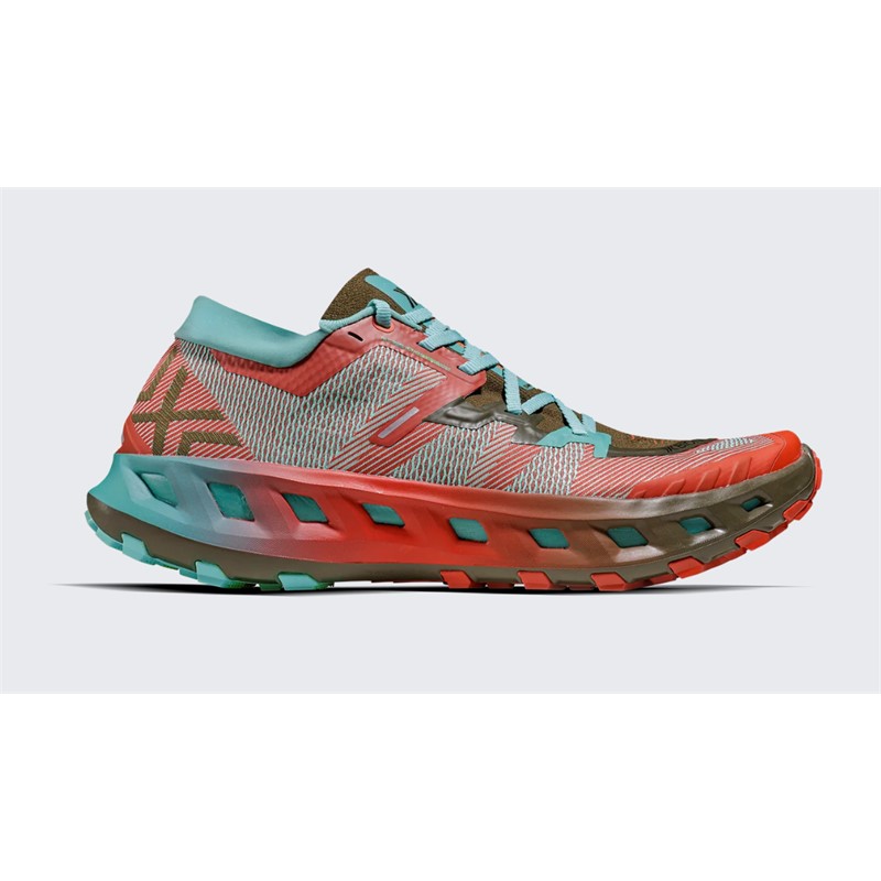 Unisex trail tekaške superge X-BIONIC TERRASKIN X02 Burnt Red Aqua Dark Kaki z Vibram MegaGrip podplatom