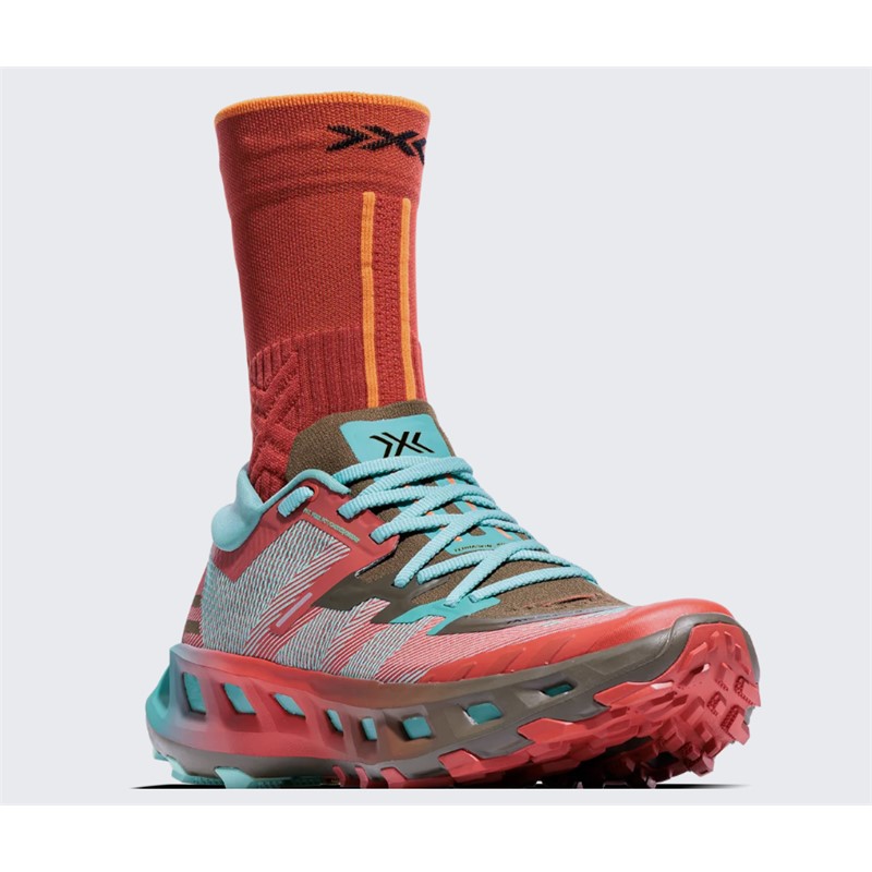 Unisex trail tekaške superge X-BIONIC TERRASKIN X02 Burnt Red Aqua Dark Kaki z Vibram MegaGrip podplatom