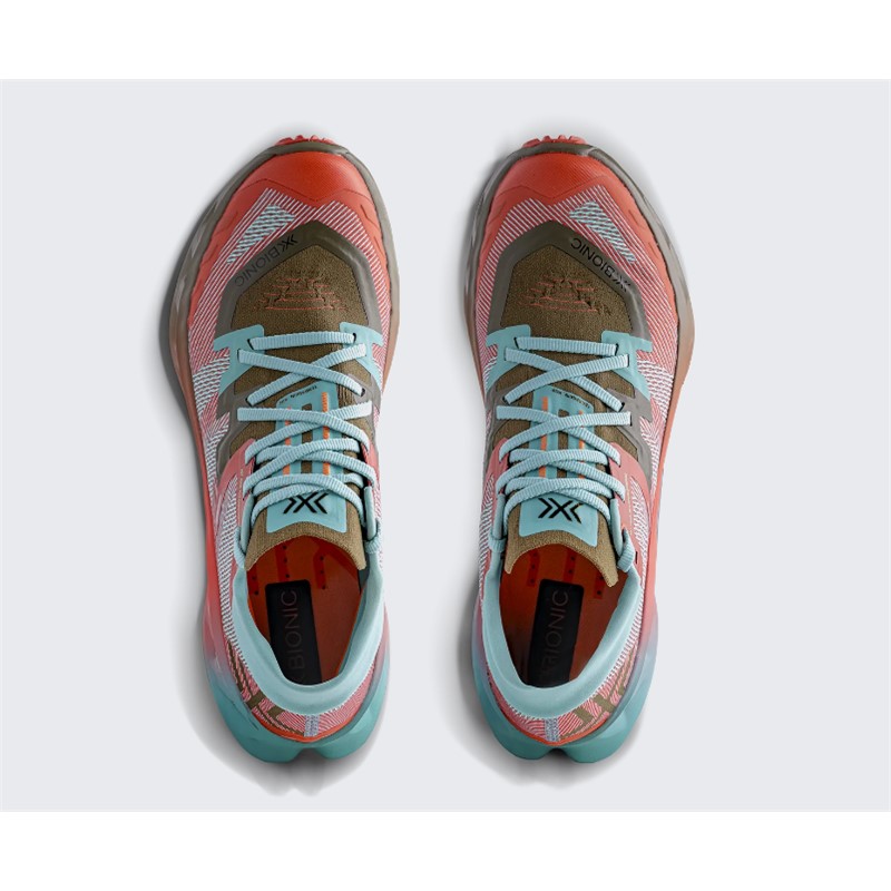 Unisex trail tekaške superge X-BIONIC TERRASKIN X02 Burnt Red Aqua Dark Kaki z Vibram MegaGrip podplatom