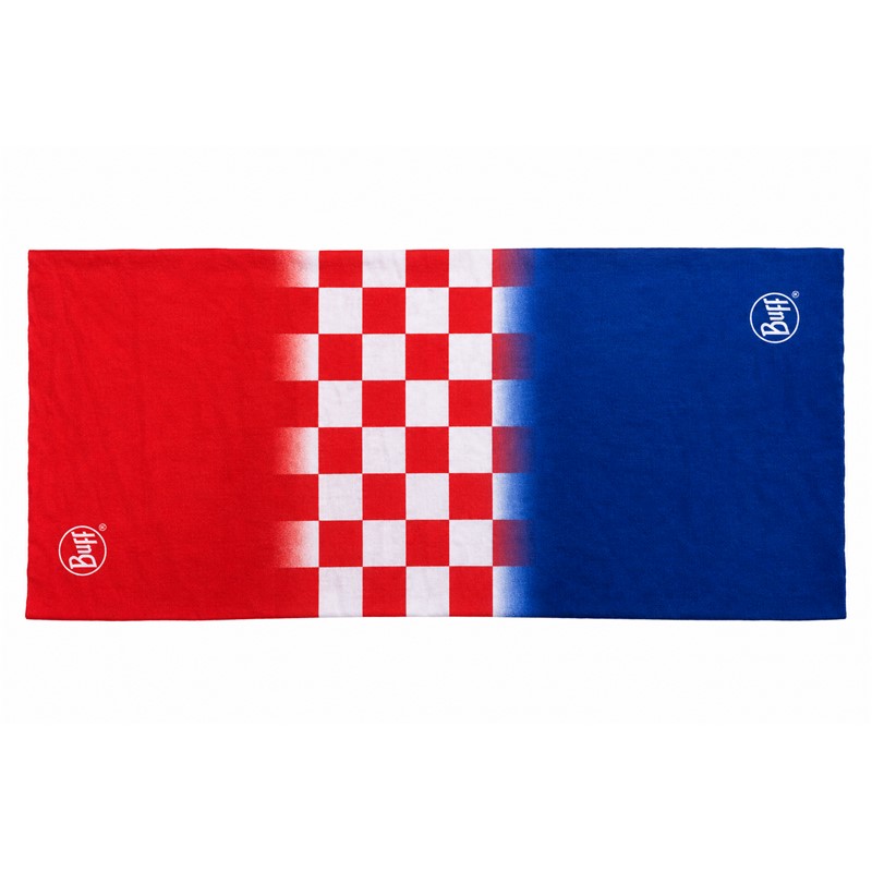 Originalni večnamenski trak BUFF® Original EcoStretch Croatian Check s prepoznavnim hrvaškim motivom, izdelan iz 95 % recikliranega poliestra in 5 % elastana, s tehnologijo Ultra-Stretch in UV-zaščito UPF 50 za šport, navijanje in vsakodnevno uporabo.