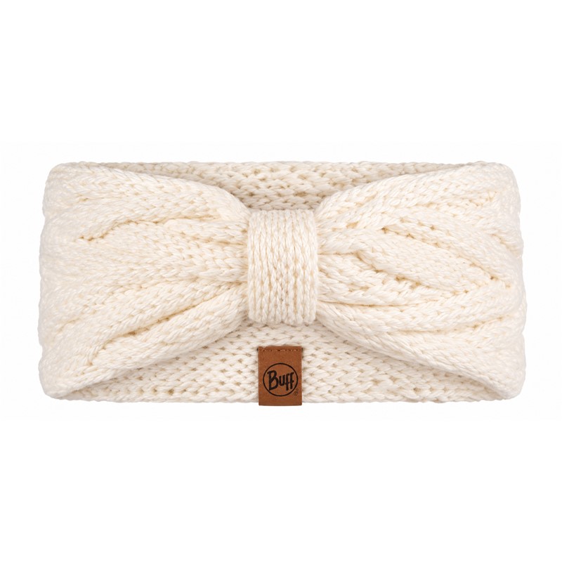 Eleganten in topel pleteni trak za glavo BUFF® Knitted Caryn White v beli barvi, izdelan iz mešanice akrila in volne, za zaščito ušes pred mrazom in vsakodnevno zimsko uporabo.