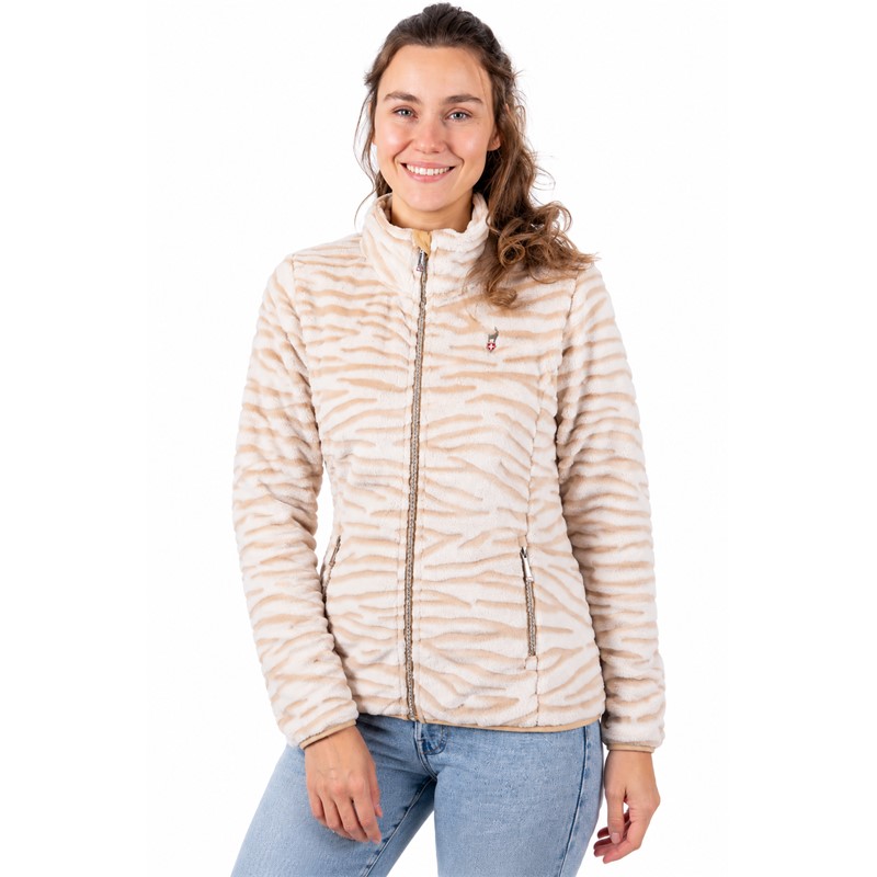 Ženska flis jopica AULP VESTO SAND v elegantni peščeno bež barvi SAND 1 s prepoznavnim vzorcem zebre, izdelana iz izjemno mehkega in toplega materiala Coral Fleece iz 100 % poliestra. Jopica ima raztegljive vložke Stretch, ženstveno oprijet kroj, visok ovratnik, sprednjo zadrgo po celotni dolžini in dva stranska žepa z zadrgo. Primerna za pohodništvo, zimske sprehode, smučanje kot srednja plast in vsakodnevno uporabo.