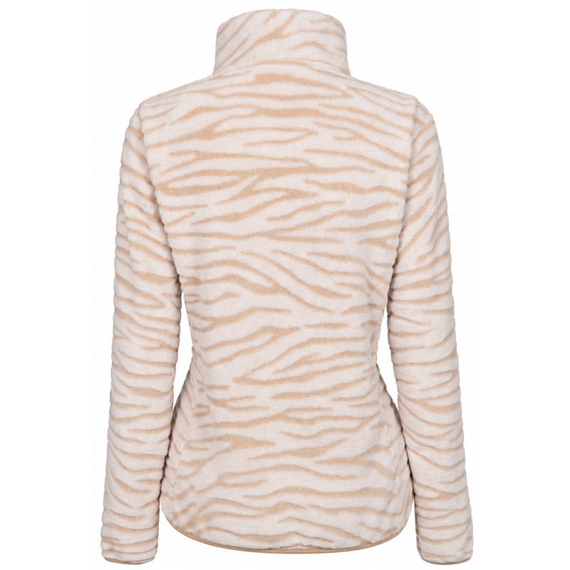 Ženska flis jopica AULP VESTO SAND v elegantni peščeno bež barvi SAND 1 s prepoznavnim vzorcem zebre, izdelana iz izjemno mehkega in toplega materiala Coral Fleece iz 100 % poliestra. Jopica ima raztegljive vložke Stretch, ženstveno oprijet kroj, visok ovratnik, sprednjo zadrgo po celotni dolžini in dva stranska žepa z zadrgo. Primerna za pohodništvo, zimske sprehode, smučanje kot srednja plast in vsakodnevno uporabo.