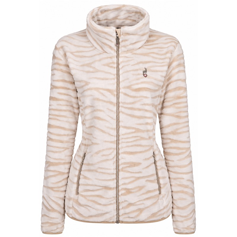 Ženska flis jopica AULP VESTO SAND v elegantni peščeno bež barvi SAND 1 s prepoznavnim vzorcem zebre, izdelana iz izjemno mehkega in toplega materiala Coral Fleece iz 100 % poliestra. Jopica ima raztegljive vložke Stretch, ženstveno oprijet kroj, visok ovratnik, sprednjo zadrgo po celotni dolžini in dva stranska žepa z zadrgo. Primerna za pohodništvo, zimske sprehode, smučanje kot srednja plast in vsakodnevno uporabo.