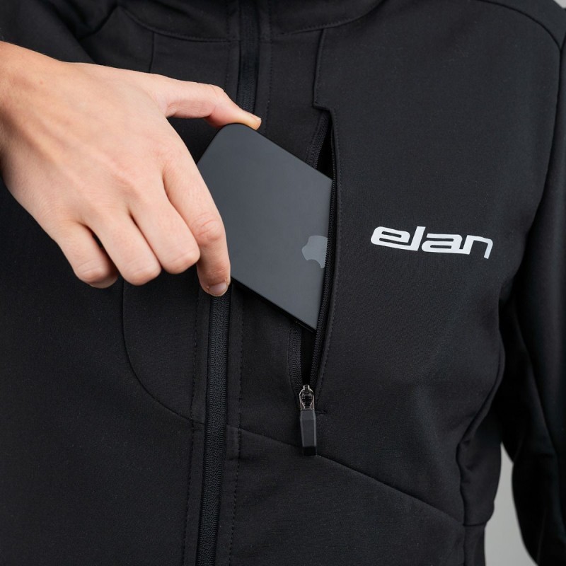 The Elan softshell jacket is designed for dynamic activities and variable weather. Made from stretchy fabric, it offers freedom of movement and comfort. The hood protects against the elements, while adjustable cuffs allow for a customizable fit.