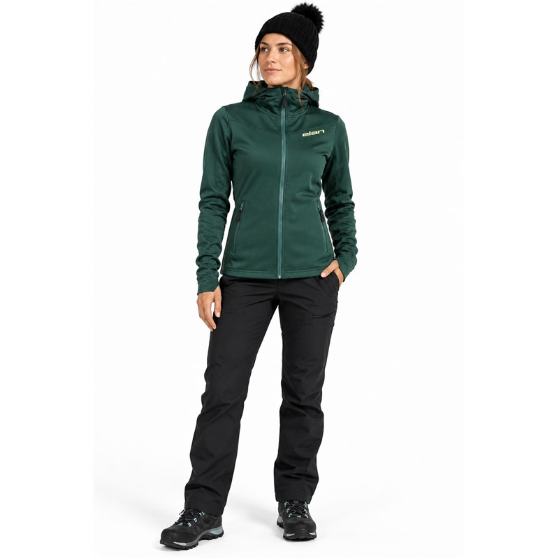 Women's sports jacket ELAN DEMO W 2L FLEECE JACKET made of warm and stretchy Powerfleece material with 95% polyester and 5% elastane. It features two side pockets and functional thumbhole openings on the sleeves. Suitable for skiing, trekking, walking, leisure, and use as a middle insulating layer under the ski jacket.