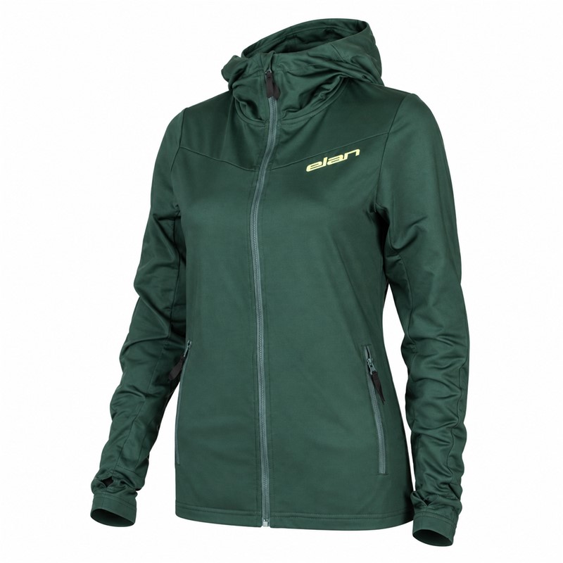 Women's sports jacket ELAN DEMO W 2L FLEECE JACKET made of warm and stretchy Powerfleece material with 95% polyester and 5% elastane. It features two side pockets and functional thumbhole openings on the sleeves. Suitable for skiing, trekking, walking, leisure, and use as a middle insulating layer under the ski jacket.