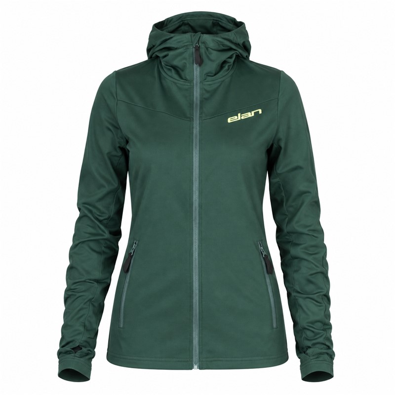Women's sports jacket ELAN DEMO W 2L FLEECE JACKET made of warm and stretchy Powerfleece material with 95% polyester and 5% elastane. It features two side pockets and functional thumbhole openings on the sleeves. Suitable for skiing, trekking, walking, leisure, and use as a middle insulating layer under the ski jacket.