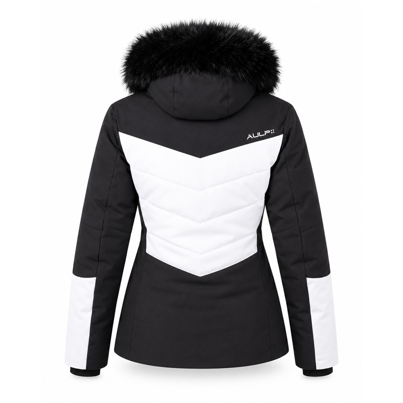 Ženska smučarska jakna AULP SANDI BLACK 1 v elegantni črni barvi. Topel in nepremočljiv model z membrano 15K/15K, sintetično izolacijo, snemljivo kapuco, odstranljivim krznenim dodatkom, notranjimi manšetami iz lycre z odprtinami za palce in snežno zaščito s protizdrsnim elastikom. Primerna za alpsko smučanje in zimske aktivnosti.