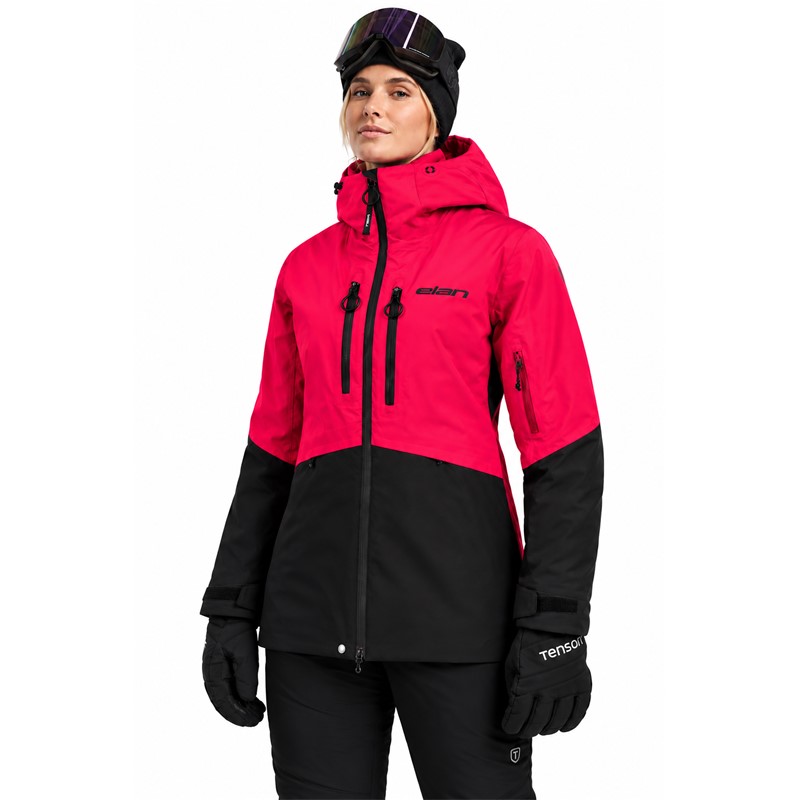 Women's ski jacket ELAN ROGLA PINK in a vivid pink color. Advanced two-layer construction with a polyurethane membrane provides a water column of 20,000 mm and breathability 20,000 g/m²/24 h. The jacket has insulation made of 100% recycled polyester, 80 g/m² on the torso and 60 g/m² on the sleeves and hood, taped seams, waterproof zippers, two-way adjustable hood, ski pass pocket, and internal snow protection.