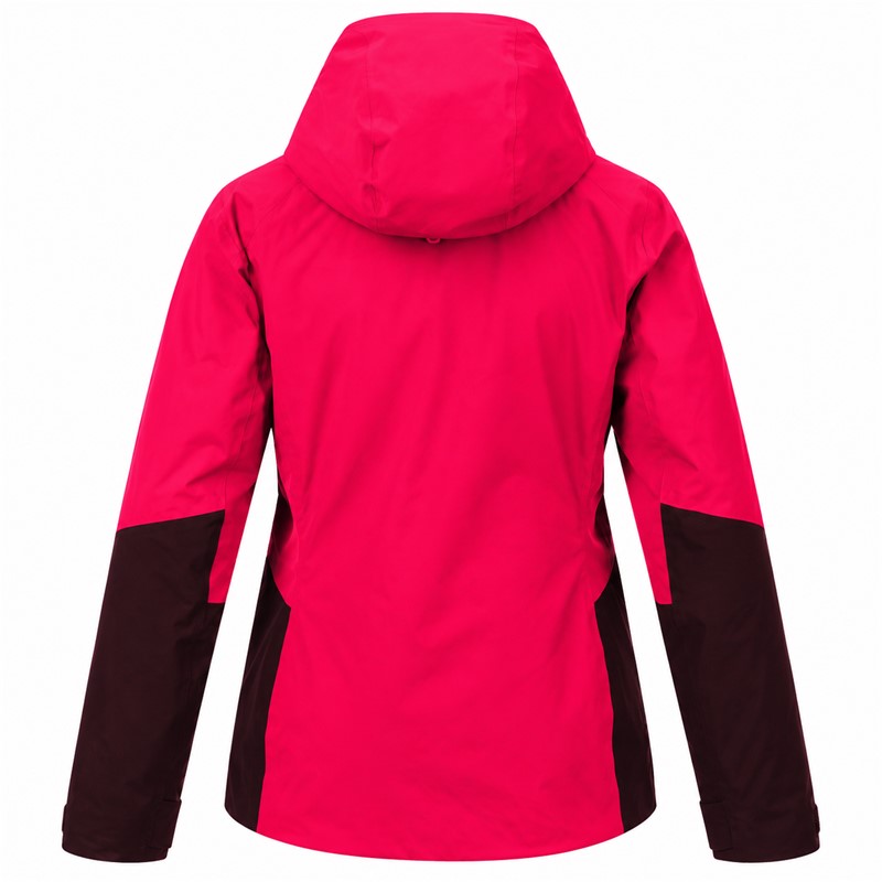 Women's ski jacket ELAN ROGLA PINK in a vivid pink color. Advanced two-layer construction with a polyurethane membrane provides a water column of 20,000 mm and breathability 20,000 g/m²/24 h. The jacket has insulation made of 100% recycled polyester, 80 g/m² on the torso and 60 g/m² on the sleeves and hood, taped seams, waterproof zippers, two-way adjustable hood, ski pass pocket, and internal snow protection.
