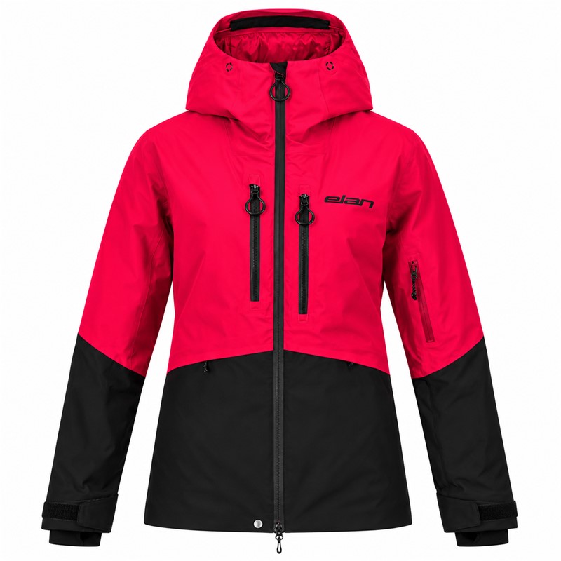 Women's ski jacket ELAN ROGLA PINK in a vivid pink color. Advanced two-layer construction with a polyurethane membrane provides a water column of 20,000 mm and breathability 20,000 g/m²/24 h. The jacket has insulation made of 100% recycled polyester, 80 g/m² on the torso and 60 g/m² on the sleeves and hood, taped seams, waterproof zippers, two-way adjustable hood, ski pass pocket, and internal snow protection.