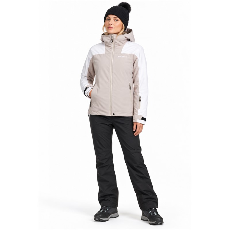 Women's ski jacket ELAN SLIVNA LBR in elegant light brown color. 12K/12K membrane provides a water column of 12,000 mm and breathability 12,000 g/m²/24 h. The jacket is made of 100% recycled polyester Ripstop and contains recycled synthetic insulation 160 g/m² on the torso and 120 g/m² on the sleeves and hood. It is equipped with taped seams, waterproof zippers, internal snow cuff, adjustable bottom edge, and pocket for ski pass.
