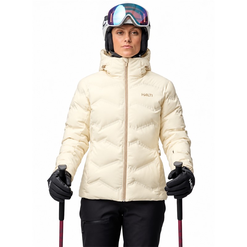 Ženska nepremočljiva smučarska jakna HALTI Nordic Arcty II Seedpearl White v elegantni biserno beli barvi. Vodni stolpec 15.000 mm, zračnost 15.000 g/m²/24 h, izolacija Microtherm Arcty in napredna konstrukcija X-Welded zagotavljajo toplotno udobje ter zaščito pred zimskimi vremenskimi vplivi. Jakna ima nastavljivo kapuco, prezračevalne zadrge, notranjo snežno zaščito, elastične manšete in praktične žepe.