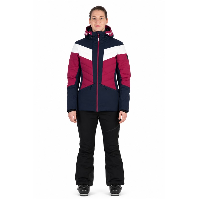 Women'S ski jacket NORTHFINDER IDA in Cherryblue color variant. Two-layer membrane construction provides water column 10,000 mm and breathability 10,000 g/m²/24 h. The jacket has synthetic thermal insulation, fixed 3D-hood, snow cuff, elastic inner cuffs, adjustable bottom edge and four practical pockets with YKK® zippers
