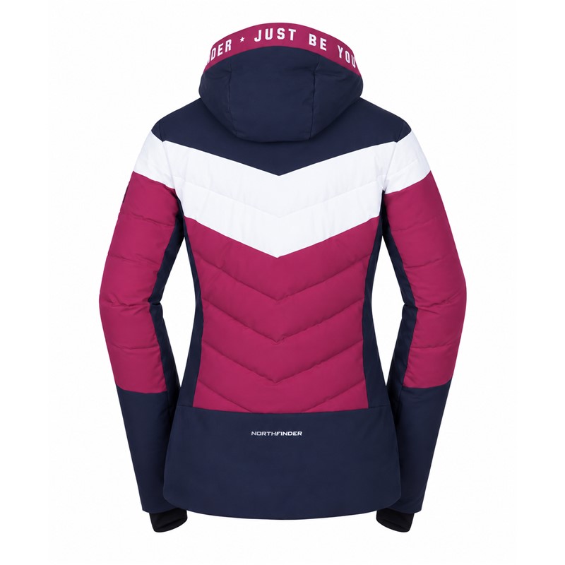 Women'S ski jacket NORTHFINDER IDA in Cherryblue color variant. Two-layer membrane construction provides water column 10,000 mm and breathability 10,000 g/m²/24 h. The jacket has synthetic thermal insulation, fixed 3D-hood, snow cuff, elastic inner cuffs, adjustable bottom edge and four practical pockets with YKK® zippers