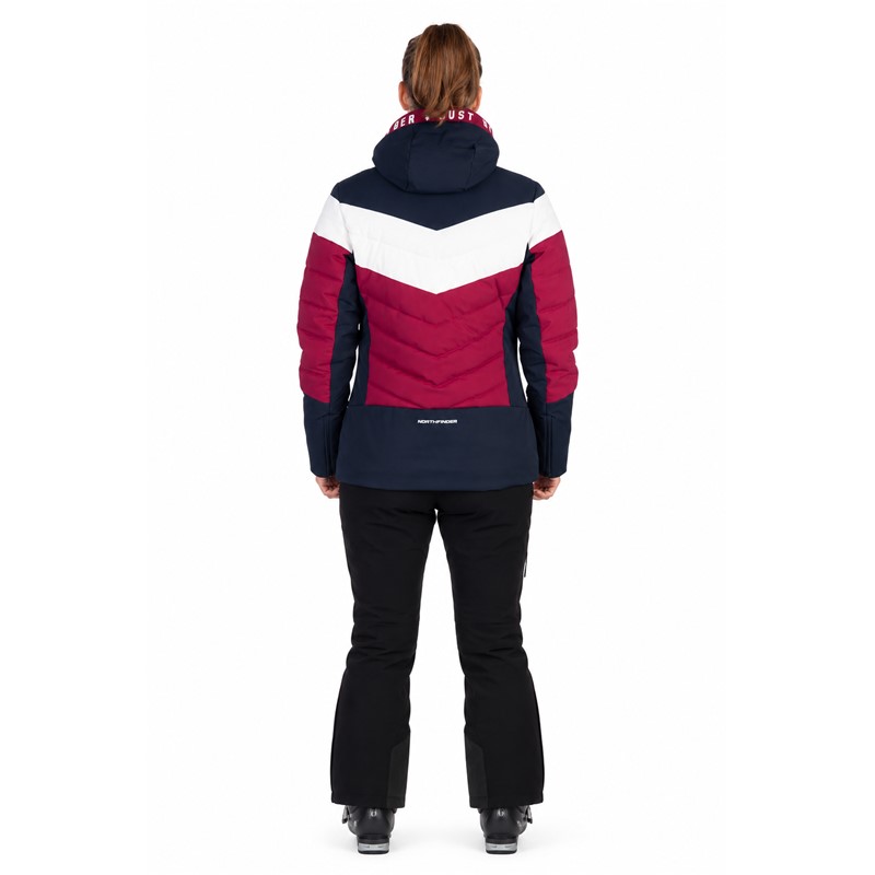 Women'S ski jacket NORTHFINDER IDA in Cherryblue color variant. Two-layer membrane construction provides water column 10,000 mm and breathability 10,000 g/m²/24 h. The jacket has synthetic thermal insulation, fixed 3D-hood, snow cuff, elastic inner cuffs, adjustable bottom edge and four practical pockets with YKK® zippers