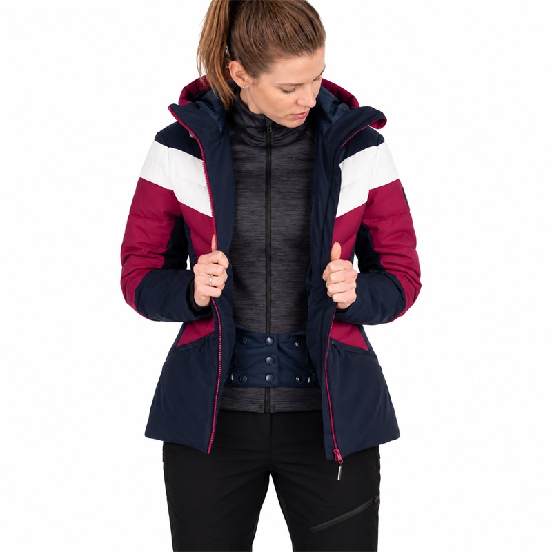 Women'S ski jacket NORTHFINDER IDA in Cherryblue color variant. Two-layer membrane construction provides water column 10,000 mm and breathability 10,000 g/m²/24 h. The jacket has synthetic thermal insulation, fixed 3D-hood, snow cuff, elastic inner cuffs, adjustable bottom edge and four practical pockets with YKK® zippers