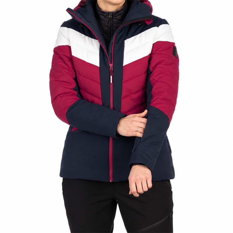 Women'S ski jacket NORTHFINDER IDA in Cherryblue color variant. Two-layer membrane construction provides a water column of 10,000 mm and breathability of 10,000 g/m²/24 h. The jacket has synthetic thermal insulation, fixed 3D hood, snow gaiter, elastic inner cuffs, adjustable bottom edge, and four practical pockets with YKK® zippers