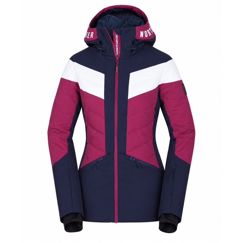 Women'S ski jacket NORTHFINDER IDA in Cherryblue color variant. Two-layer membrane construction provides water column 10,000 mm and breathability 10,000 g/m²/24 h. The jacket has synthetic thermal insulation, fixed 3D-hood, snow cuff, elastic inner cuffs, adjustable bottom edge and four practical pockets with YKK® zippers