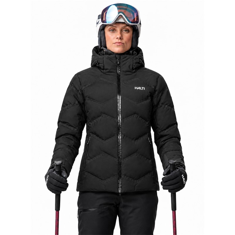 Women's HALTI Nordic Arcty II Black Ski Puffy Jacket in elegant black P99 Black. Advanced seamless welded insulation construction Microtherm Arcty, synthetic Microtherm Thermofill insulation from 100% recycled polyester, and water-repellent X-Welded material provide effective protection against cold and moisture. The jacket has a water column of 15,000 mm, breathability 15,000 g/m²/24 h, fixed adjustable hood, ventilation openings, water-repellent front zipper, and internal snow guard.