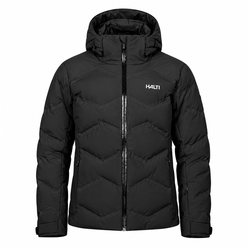 Women's HALTI Nordic Arcty II Black Ski Puffy Jacket in elegant black P99 Black. Advanced seamless welded insulation construction Microtherm Arcty, synthetic Microtherm Thermofill insulation from 100% recycled polyester, and water-repellent X-Welded material provide effective protection against cold and moisture. The jacket has a water column of 15,000 mm, breathability 15,000 g/m²/24 h, fixed adjustable hood, ventilation openings, water-repellent front zipper, and internal snow guard.