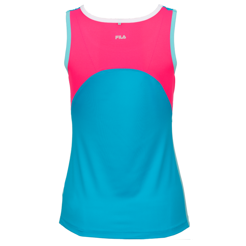Ženska športna majica FILA Top Nela Hawaiian Ocean Comb v modri barvni kombinaciji. Lahka in zračna majica za tenis, padel, tek ter druge športne aktivnosti.