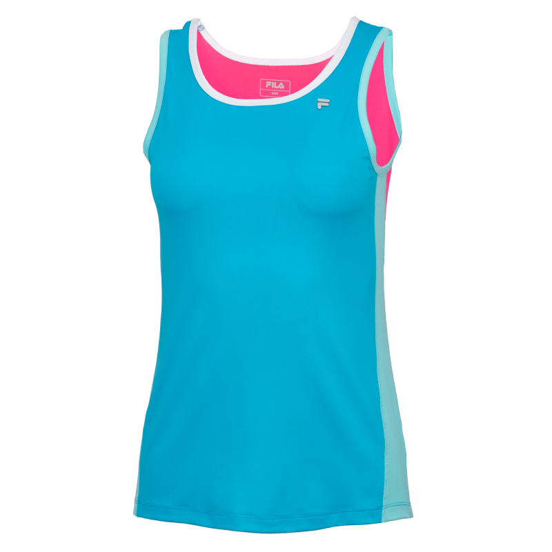 Ženska športna majica FILA Top Nela Hawaiian Ocean Comb v modri barvni kombinaciji. Lahka in zračna majica za tenis, padel, tek ter druge športne aktivnosti.