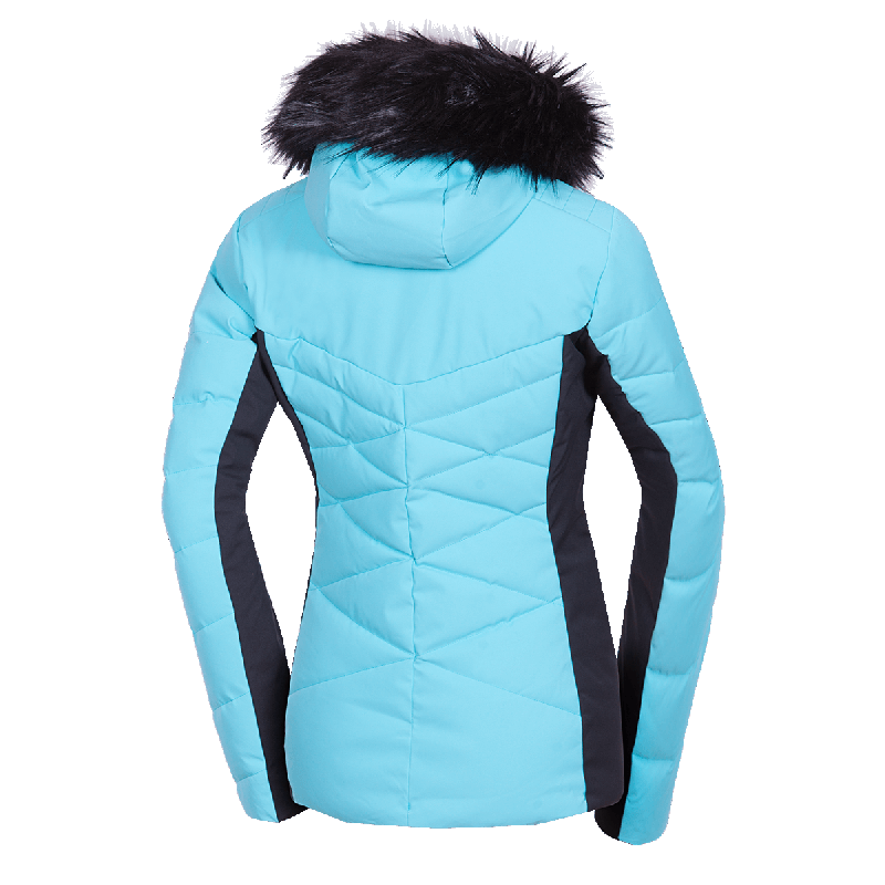 A women's ski jacket that is fully prepared for winter weather, snow, and wind. It combines modern design with advanced technical features and comfort.