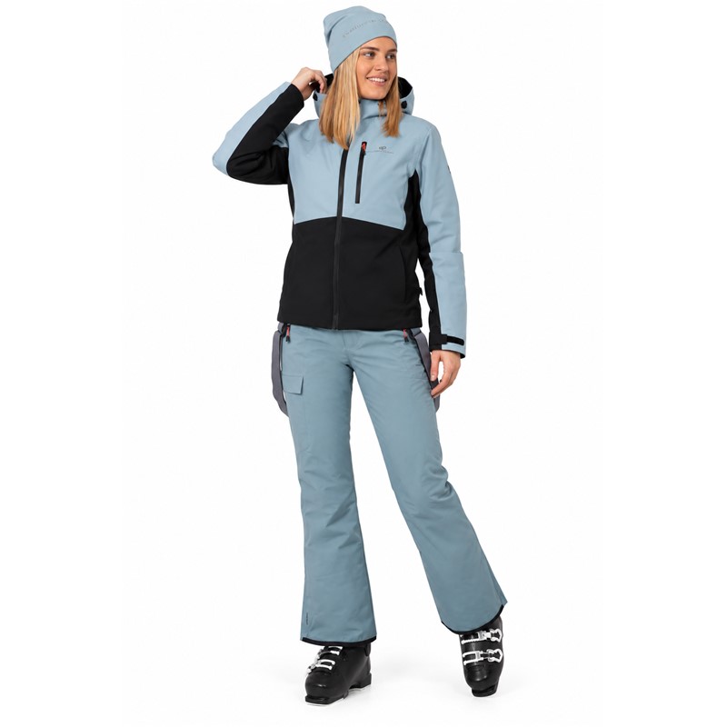 Women's ski pants 2117 SALA with waterproof column 15,000 mm and breathability 15,000 g/m²/24 h. Tritech membrane, ALTO insulation from 100% recycled polyester, stretch material with 45% recycled polyester, adjustable waist, suspenders system, and inner snow gaiters provide protection and comfort while skiing.
