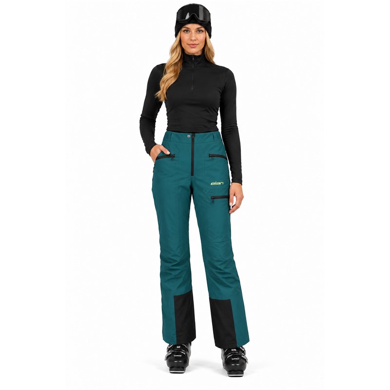 Women'S ski pants ELAN PETROL with water column 20,000 mm and breathability 20,000 g/m²/24 h. Two-layer construction with polyurethane membrane, insulation from 100% recycled polyester, fully taped seams, waterproof zippers, ventilated openings with mesh, reinforced bottom parts and adjustable leg endings ensure functionality for all-day skiing.